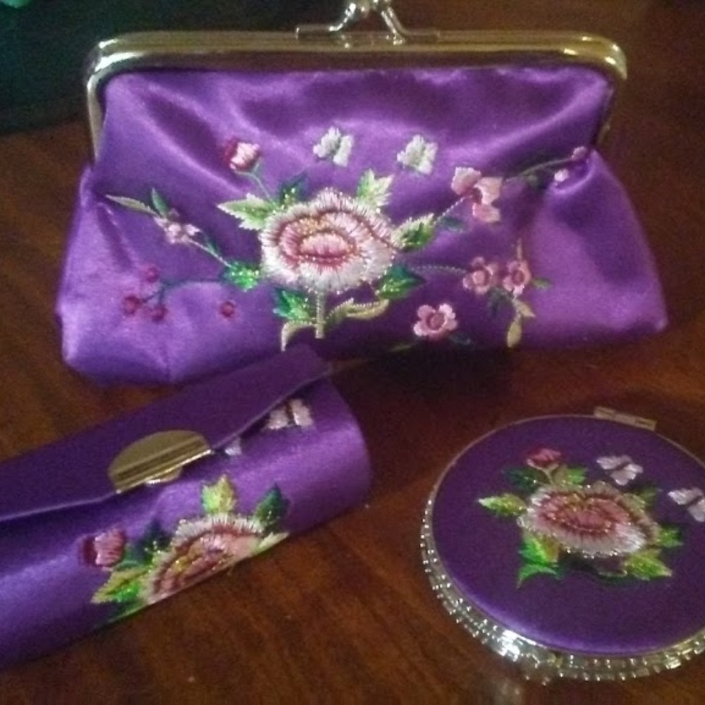 Purple Silk Brocade Cosmetic Bag 3 PC Set